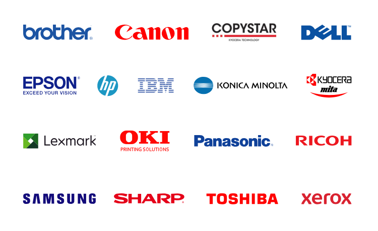 Compatible printer brands: Brother, Canon, Dell, Epson, HP, IBM, Konica Minolta, Kyocera, Lexmark, OKI, Panasonic, Ricoh, Samsung, Sharp, Toshiba, Xerox